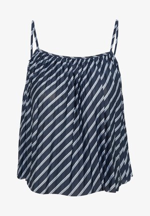 Navy blue sleeveless top with white diagonal stripes, featuring a gathered design and thin adjustable straps. Lightweight, flowing fabric.