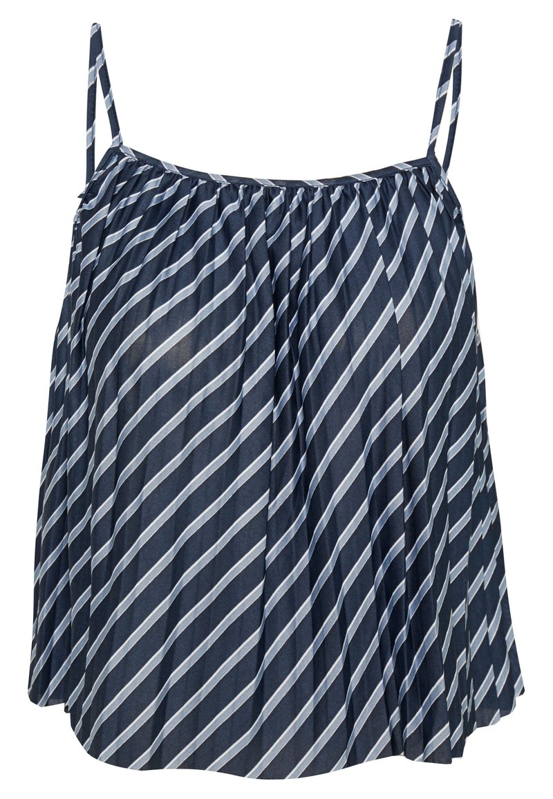 Marineblaues ärmelloses Top mit weißen diagonalen Streifen, das ein gerafftes Design und dünne verstellbare Träger hat. Leichter, fließender Stoff.