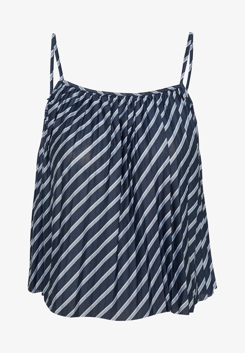 Top senza maniche blu navy con strisce diagonali bianche, caratterizzato da un design arricciato e spalline sottili regolabili. Tessuto leggero e fluido.