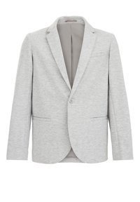 Hellgrauer Ein-Knopf-Blazer mit Reverskragen, zwei vorderen Taschen und glattem Innenfutter, auf einem weißen Hintergrund präsentiert.