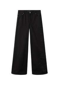 Blugi negri, cu picior lat, din denim, având un model texturat cu mici embellishe-uri pe lângă cusăturile laterale. Design cu cinci buzunare, cu închidere prin buton.