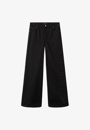 Sorte brede bukser lavet af denim, med et tekstureret mønster af små udsmykninger langs sidesømmene. Fem-lommer design med knaplukning.