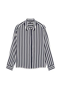 Maglietta a maniche lunghe a righe blu navy e bianche con colletto, chiusura anteriore a bottoni e righe a contrasto sui polsini. Tessuto morbido al tatto.