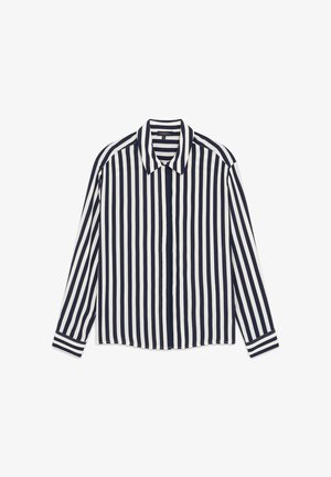 Marineblaue und weiße gestreifte Langarmbluse mit Kragen, vorderem Knopfverschluss und kontrastierenden Streifen an den Manschetten. Glatte Stoffstruktur.