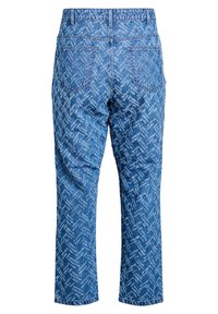 Blue denim jeans with a textured herringbone pattern, five-pocket design, and a straight leg cut, featuring a mid-rise waistband.