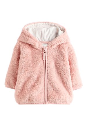 Veste à capuche rose douce pour bébé, avec fermeture éclair devant et texture duveteuse, doublée à l'intérieur pour la chaleur.