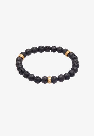 Lava-Stein-Perlenarmband mit schwarzen Perlen und drei goldenen Akzenten, das eine runde Form und eine strukturierte Oberfläche präsentiert.
