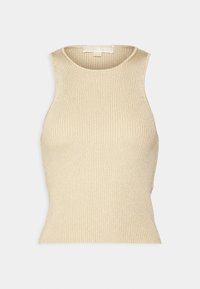 Hihnaton ribbikuvioinen paita vaaleanbeigessa neulekankaassa, jossa on hienovarainen kiilto. Ominaisuuksiin kuuluu pyöreä pääntie ja tiukka siluetti.