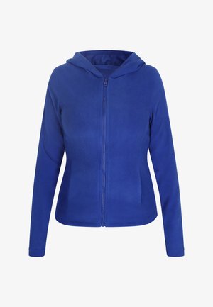 Plava dukserica od flisa s punim zatvaranjem sprijeda, dugim rukavima i podstavljenim kapuljačom. Tkanina ima mekanu teksturu i glatku završnu obradu.