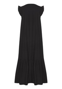 Black dress featuring ruffled cap sleeves, a relaxed fit, and a tiered hemline. Made of lightweight fabric, it has a smooth texture.