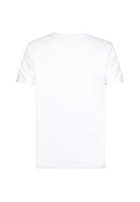 T-shirt bianco a maniche corte, in cotone, design a girocollo, senza motivi né grafiche, texture liscia, vestibilità standard, vista posteriore semplice.