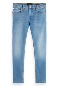 Jeans de denim azul claro con corte recto, diseño de cinco bolsillos, costuras en contraste y un pequeño parche con el logotipo en la cinturilla trasera.
