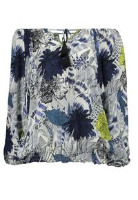 Blouse à manches longues avec un motif floral abstrait dans des tons de marine, bleu, gris et jaune, dotée d'un ourlet froncé et d'un décolleté à nouer avec des pampilles noires.
