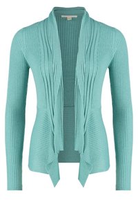 Cardigan de punto en teal claro, con textura acanalada, mangas largas y un diseño de abertura frontal con paneles drapeados.