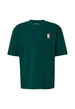 Dark green T-shirt with a small embroidered Santa wearing a hat, ringing a bell with musical notes near the left chest.