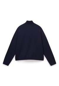 Marineblaues Rollkragensweatshirt mit lockerer Passform, geripptem Kragen und langen Ärmeln. Hergestellt aus einem weichen, strukturierten Strickstoff.