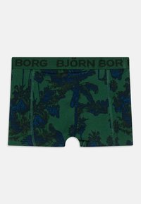 Zelené boxerky s palmovým vzorom v tmavomodrej farbe. Majú čierny elastický pás s textom "BORG BJÖRN". Mäkká textúra látky.