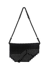 Borsa a tracolla nera con perline, dalla forma strutturata, con un fondo arrotondato e una tracolla con un design di perline simile. Dettagli a motivo geometrico.