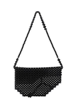 Borsa a tracolla nera con perline, dalla forma strutturata, con un fondo arrotondato e una tracolla con un design di perline simile. Dettagli a motivo geometrico.