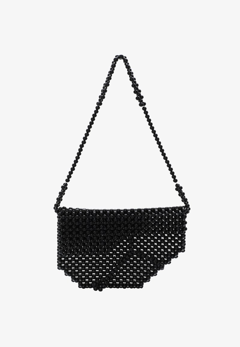 Sorth perlearmbærer med en struktureret form, der har en rund bund og en rem i et lignende perledesign. Geometriske mønsterdetaljer.