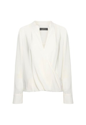 Witte blouse met lange mouwen van lichtgewicht stof, met een wikkelontwerp, voorzien van een V-hals en een ontspannen pasvorm. Soepele textuur, minimalistische detaillering.
