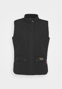 Black quilted vest made of smooth fabric, featuring a high collar, snap buttons, and two front pockets. Includes brand logo and accent.
