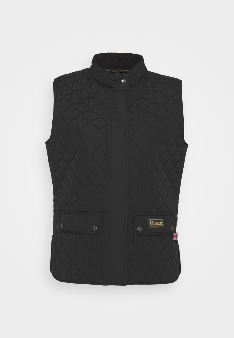Black quilted vest made of smooth fabric, featuring a high collar, snap buttons, and two front pockets. Includes brand logo and accent.