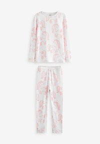 Ensemble de pyjama en coton comprenant un haut à manches longues et un legging. Fond blanc avec un motif de licorne rose. Texture douce et coupe décontractée.