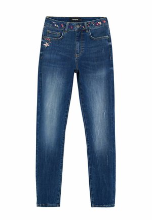 Blaue Jeans aus Denim mit geradem Schnitt, verziert mit floralen Stickereien am Bund und dezenten Ausbleichungen entlang der Beine.
