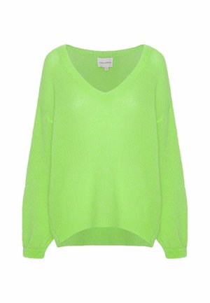 Pull vert citron à manches longues, en maille lâche, col en V avec poignets et ourlet côtelés, présenté sur fond blanc.