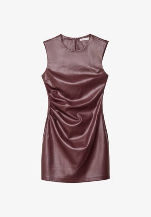 Burgundin nahasta valmistettu tanktopuku, jossa on pyöreä pääntie, verhoiltu pinta ja takakappaleen vetoketjukiinnitys. Sileä pinta, jossa on hienovarainen kiilto.