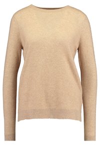 Beige Strickpullover mit langen Ärmeln, Rundhalsausschnitt und gerippten Bündchen und Saum, auf einem weißen Hintergrund präsentiert.