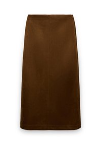 Brown midi skirt, made from soft fabric, featuring a straight cut, smooth texture, and a simple, clean hemline with no visible fastenings.