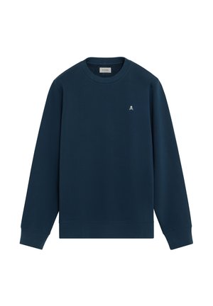 Navy blue crewneck sweatshirt with long sleeves and a small white skull and crossbones logo on the left chest.