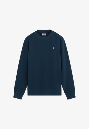 Navy blue crewneck sweatshirt with long sleeves and a small white skull and crossbones logo on the left chest.