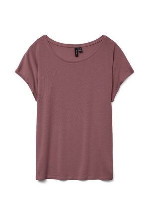 T-shirt court à manches courtes de couleur mauve foncé avec un col en forme de goutte, fabriqué à partir d'un tissu doux, présentant une coupe décontractée et ample ainsi qu'une texture lisse.