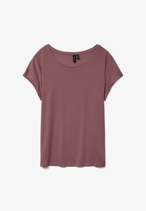 T-shirt court à manches courtes de couleur mauve foncé avec un col en forme de goutte, fabriqué à partir d'un tissu doux, présentant une coupe décontractée et ample ainsi qu'une texture lisse.