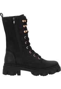Botas de combate de encaje hasta la mitad de la pantorrilla en color negro, con cremallera lateral, fabricadas en piel sintética, con herrajes en tono dorado y suelas de goma gruesas.