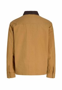 Brun langærmet jakke med mørkebrun krave, knappede manchetter og synlige syninger, vist bagfra på en hvid baggrund.