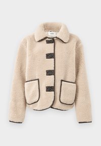 Beige faux fur jacket with a collar, five dark buttons, and two front pockets outlined in dark trim. Soft texture and structured shape.