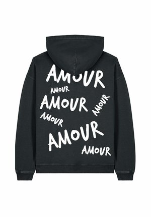 Black hoodie featuring a front pocket, drawstring hood, and white text "AMOUR" in various sizes arranged playfully across the back.
