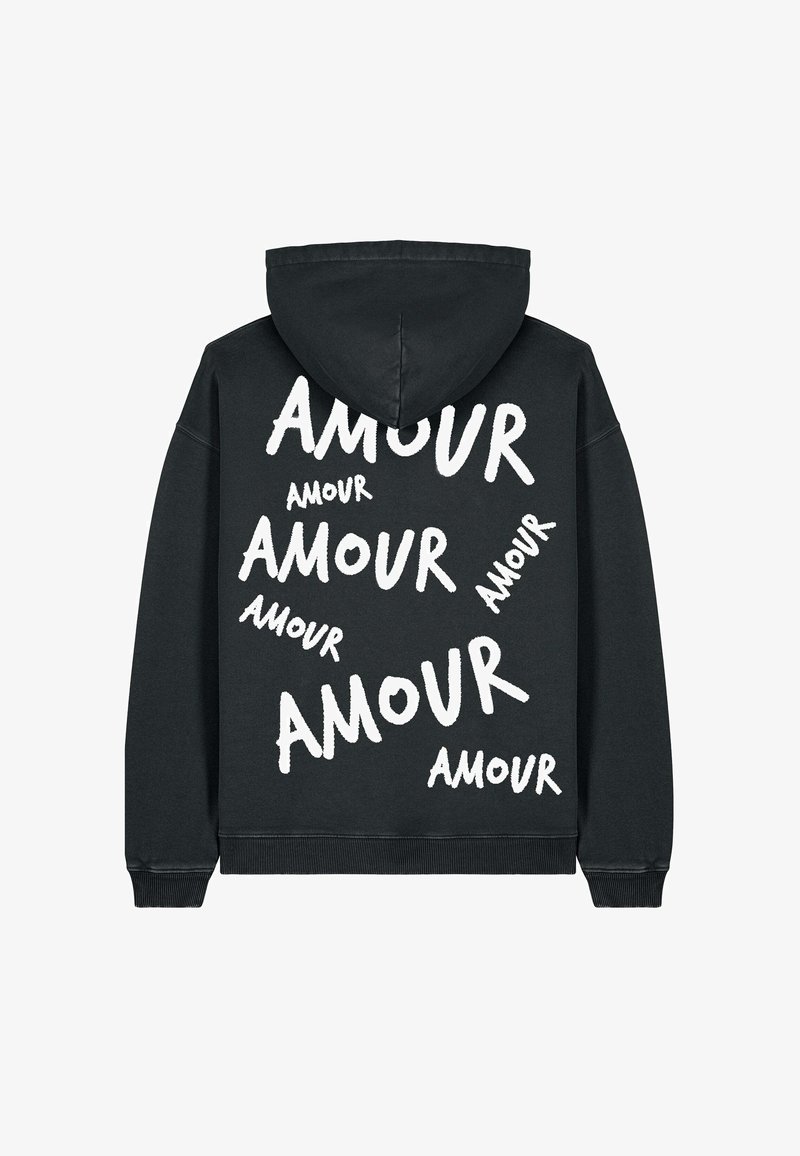 Black hoodie featuring a front pocket, drawstring hood, and white text "AMOUR" in various sizes arranged playfully across the back.