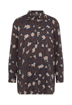 Ulla Popken, LEOPARD PRINT LONG SLEEVE BUTTON DOWN TUNIC BLOUSE - Camicia - dark taupe