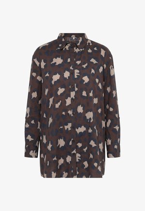 Ulla Popken, LEOPARD PRINT LONG SLEEVE BUTTON DOWN TUNIC BLOUSE - Skjortebluser - dark taupe