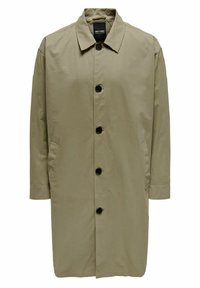 Trench-coat beige en tissu lisse, avec une fermeture à boutons, deux poches latérales et un col à crans. Manches longues, coupe décontractée.
