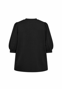 Maglione nero con maniche a sbuffo, scollatura rotonda, texture uniforme e vestibilità rilassata. Vista posteriore, senza motivi visibili né accessori.