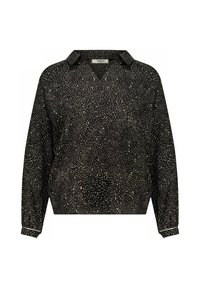 Zwarte blouse met een kraag, voorzien van een zwervend wit patroon, lange mouwen en elastische manchetten. Lichtgewicht stof met een gestructureerde afwerking.