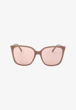 Occhiali da sole quadrati con lenti sfumate rosa chiaro e montatura marrone opaca, mostrati frontalmente su sfondo bianco.