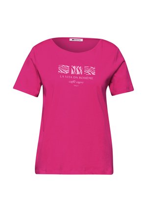 T-shirt femme manches courtes rose vif avec encolure ronde et texte blanc "La Vita Da Bohème caffè capri Italy" ainsi que des motifs zèbre abstraits.