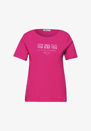 T-shirt femme manches courtes rose vif avec encolure ronde et texte blanc "La Vita Da Bohème caffè capri Italy" ainsi que des motifs zèbre abstraits.